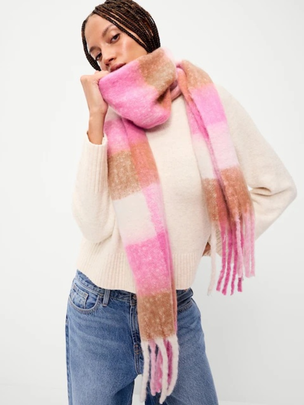 GAP Pink Plaid Brushed Fringed Scarf NWT